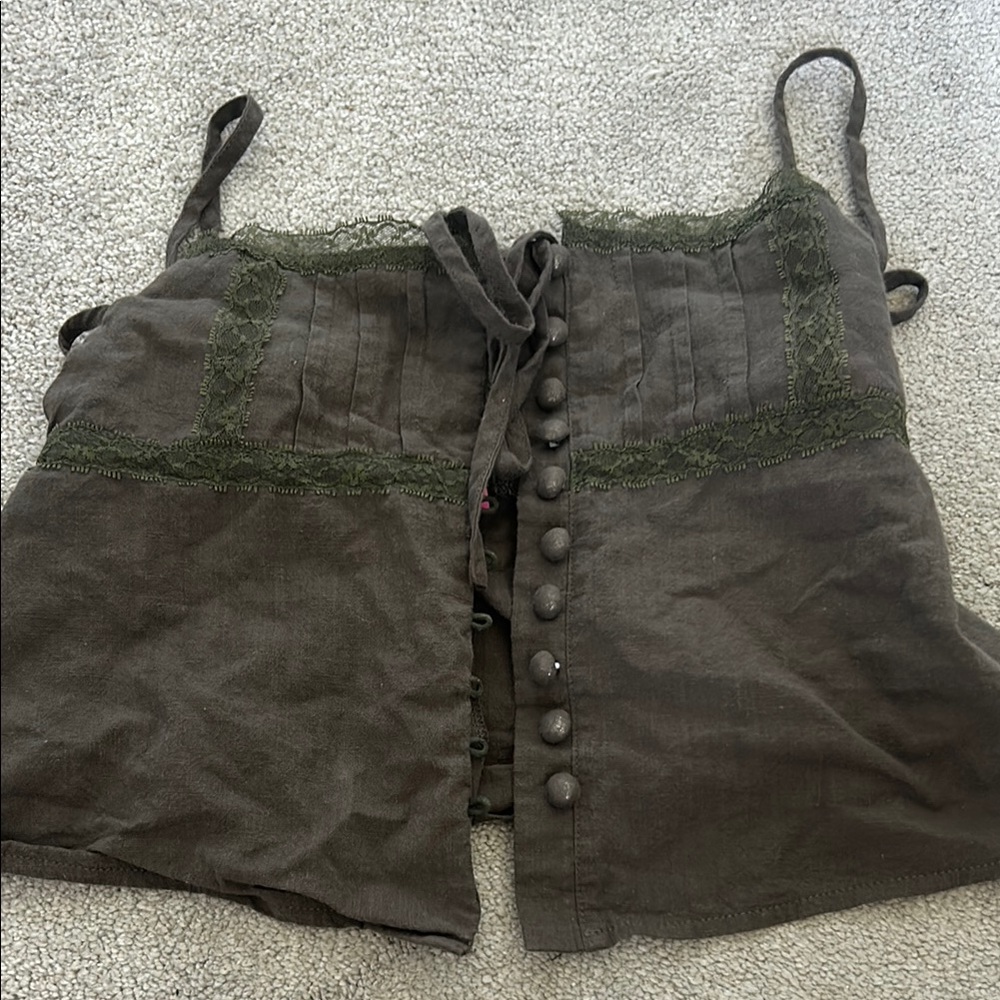 Olive Green Lace-Trimmed Button-Up Women's Top size small